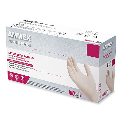 AMMEX Professional Latex Exam Gloves, Powder-Free, Large, 4 mil (Palm), 5 mil (Fingers), Ivory, 100/Box (GPPFT46100)