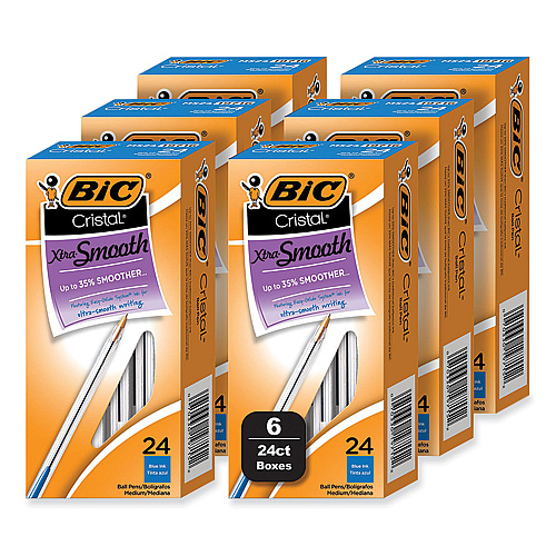 BIC Cristal Xtra Smooth Ballpoint Pen, Stick, Medium 1 mm, Blue Ink, Clear Barrel, 24/Box, 6 Boxes/Pack (MS144EBLU)