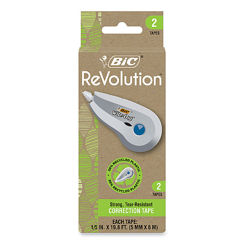 BIC Wite-Out Brand Ecolutions Correction Tape, Non-Refillable, White,  0.2" x 19.8 ft, 2/Pack (WOET21WHI)