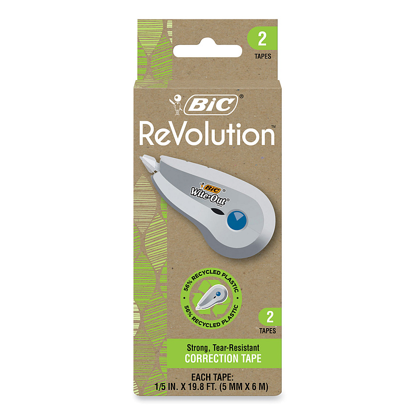 BIC Wite-Out Brand Ecolutions Correction Tape, Non-Refillable, White,  0.2" x 19.8 ft, 2/Pack (WOET21WHI)