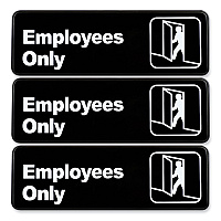 Excello Global Products Employees Only Indoor/Outdoor Wall Sign, 9" x 3", Black Face, White Graphics, 3/Pack (HD0050S)