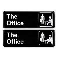 Excello Global Products The Office Indoor/Outdoor Wall Sign, 9" x 3", Black Face, White Graphics, 2/Pack (HD0064S)