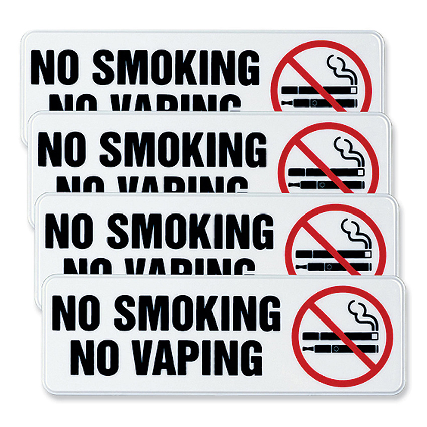 Excello Global Products No Smoking No Vaping Indoor/Outdoor Wall Sign, 9" x 3", Black Face, Black/Red Graphics, 4/Pack (HD0175S)
