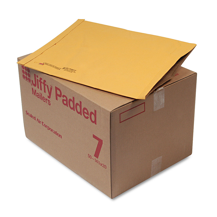 Sealed Air Jiffy Padded Mailer, #7, Paper Padding, Fold-Over Closure, 14.25 x 20, Natural Kraft, 50/Carton (64350)