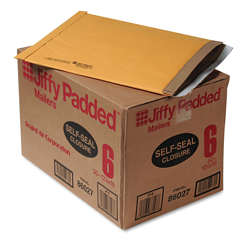 Sealed Air Jiffy Padded Mailer, #6, Paper Padding, Self-Adhesive Closure, 12.5 x 19, Natural Kraft, 50/Carton (64371)