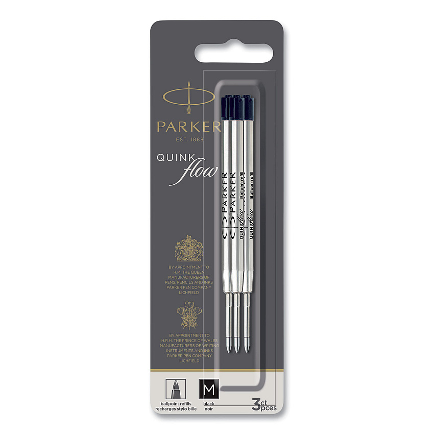 Quinkflow Refill for Parker Ballpoint Pen, Medium Tip, Black Ink, 3/Pack (2119151)