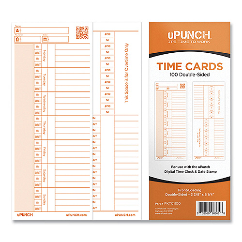 uPunch Time Card for PK1100 Time Clock, Two Sides, 3.38 x 8.25, 100/Pack (C1100)