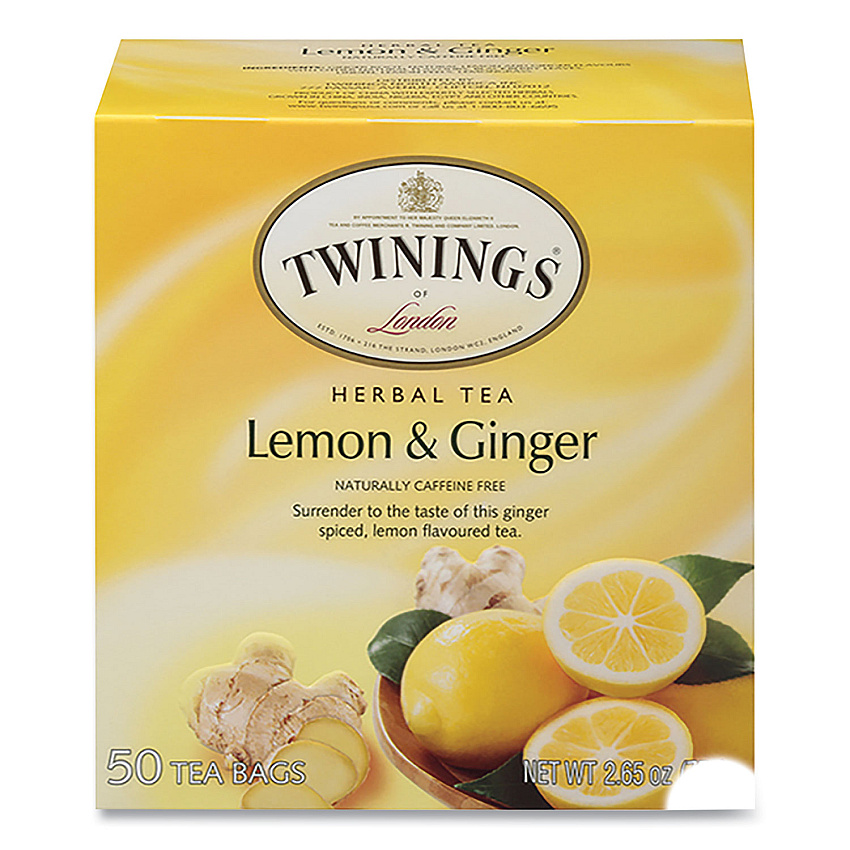 TWININGS Tea Bags, Lemon and Ginger, 2.65 oz, 50/Box (53653)