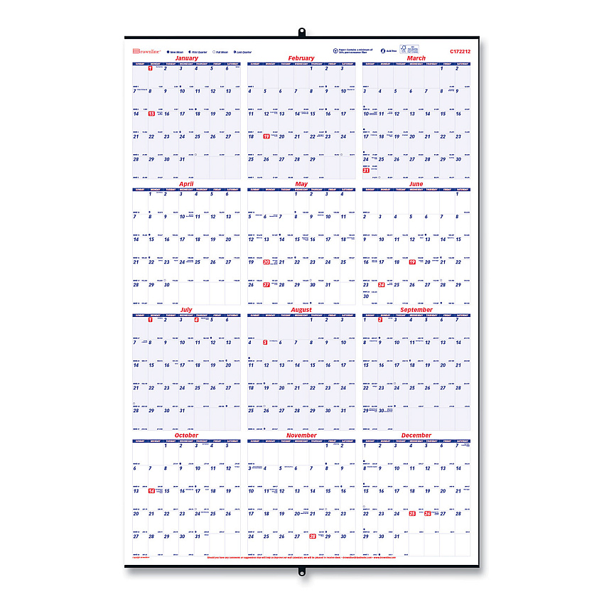 Brownline Yearly Wall Calendar, 24 x 36, White/Blue Sheets, 12-Month (Jan to Dec): 2026 (C172212)