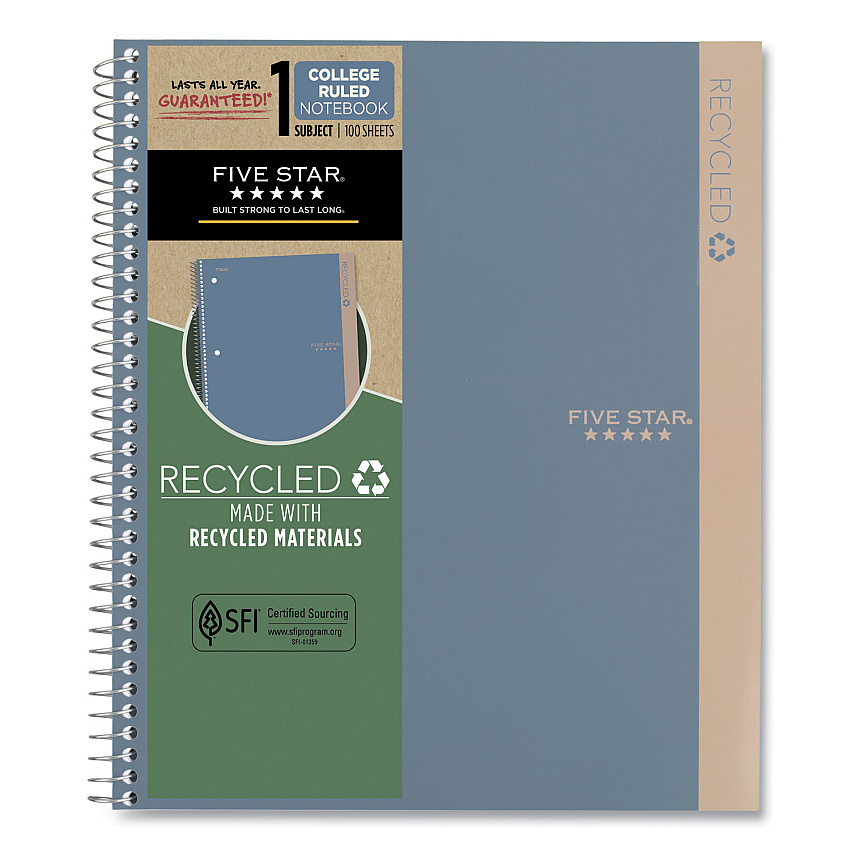 Five Star Recycled Notebook, 1 Subject, Medium/College Rule, Randomly Assorted Cover, 11 x 8.5 Sheets (820053)