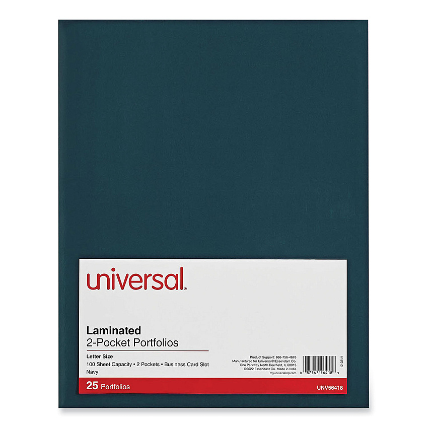 Universal Laminated Two-Pocket Folder, Cardboard Paper, 100-Sheet Capacity, 11 x 8.5, Navy, 25/Box (UNV56418)