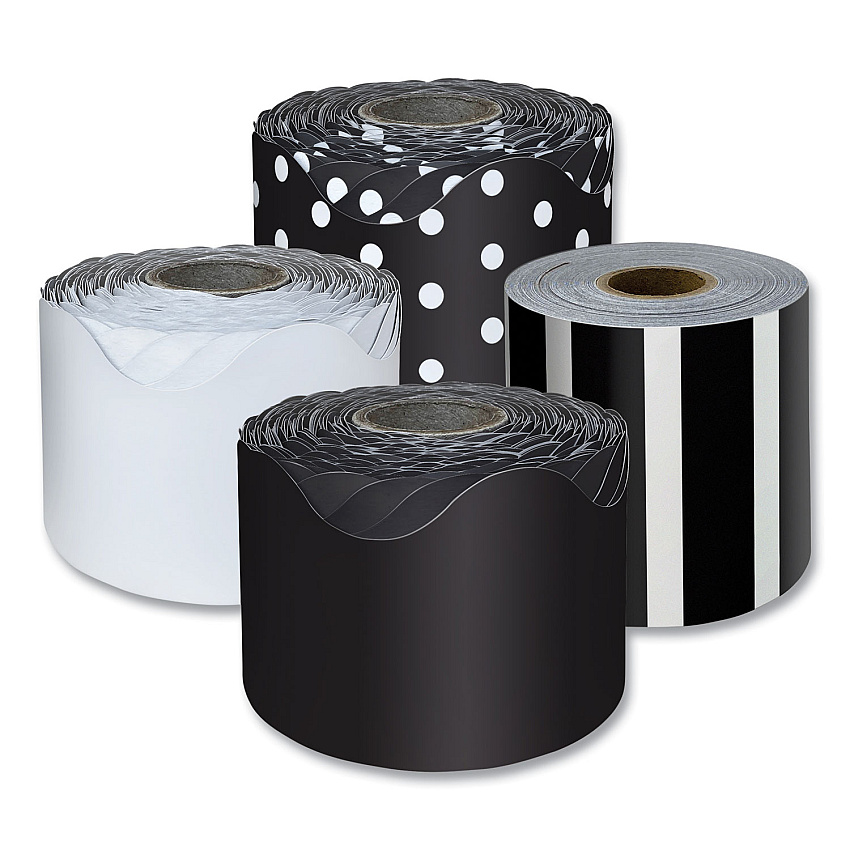 Carson-Dellosa Rolled Scalloped Border Set, (2) Solid Colors, (1) Horizontal Stripes, (1) Polka Dots, 2.25" x 65 ft, Assorted Colors, 4/Set (145299)