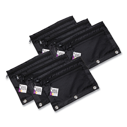 Charles Leonard Two-Pocket Binder-Insertable Pencil Pouch with Mesh Front, 11 x 9, Black, 6/Pack (76356)