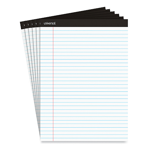 Universal Premium Ruled Writing Pads with Heavy-Duty Back, Wide/Legal Rule, Black Headband, 50 White 8.5 x 11 Sheets, 6/Pack (UNV30630)