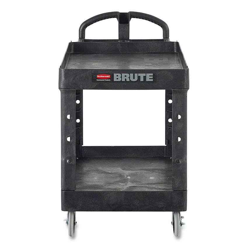 Rubbermaid Commercial BRUTE Heavy-Duty Utility Cart with Lipped Shelves, Plastic, 2 Shelves, 750 lb Capacity, 26" x 55" x 33.25", Black (4546BLA)