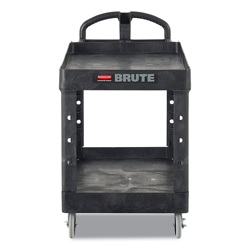 Rubbermaid Commercial BRUTE Heavy-Duty Utility Cart with Lipped Shelves, Plastic, 2 Shelves, 500 lb Capacity, 17.13" x 38.5" x 38.88", Black (450088BK)