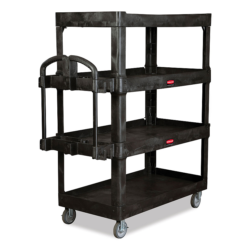 Rubbermaid Commercial BRUTE Heavy-Duty Ergo Utility Cart, Plastic, 4 Shelves, 700 lb Capacity, 24.35" x 54.1" x 62.4", Black (2128657)