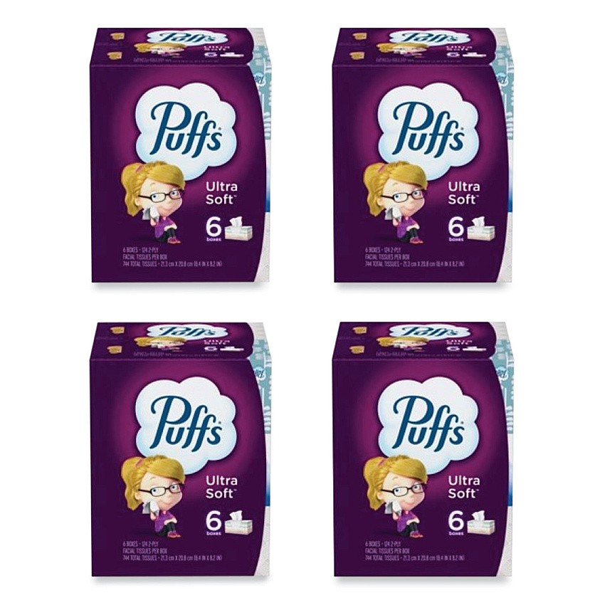Puffs Ultra Soft Facial Tissue, 2-Ply, White, 124 Sheets/Box, 6 Boxes/Pack, 4 Packs/Carton (35554)