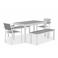KFI Studios Eveleen Outdoor Dining Table Set, 55" x 35" x 29" Rectangular Table, 2 Benches, 2 Armchairs, Gray/White (840031918437)