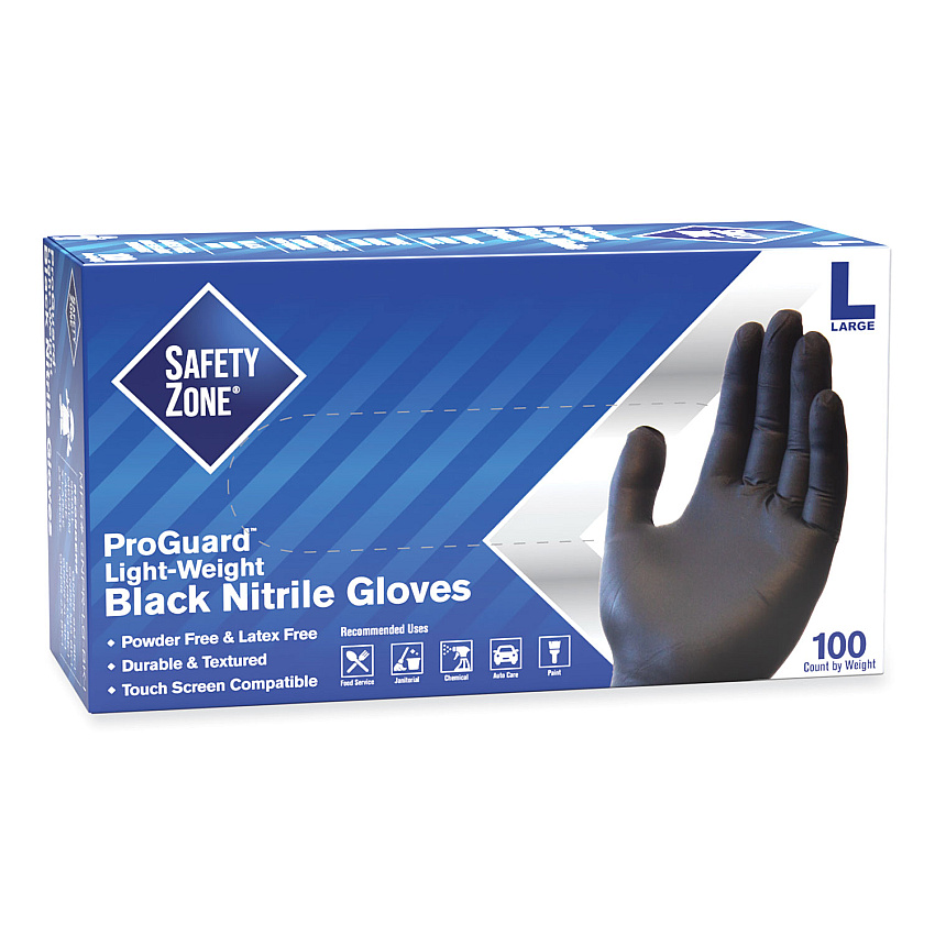Safety Zone ProGuard Powder Free Nitrile Gloves, Powder-Free, Large, 3.5 mil Thick, 9.65" Long, Black, 100/Box, 10 Boxes/Carton (GNPRLGBK)