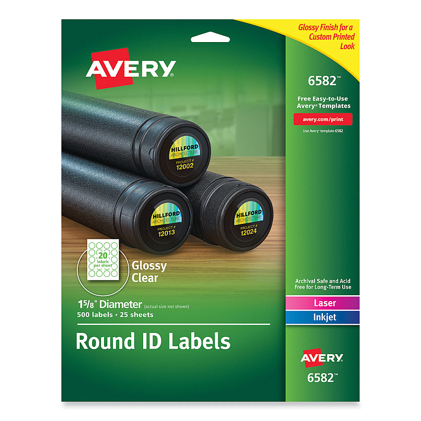 Avery Round Print-to-the Edge Labels with SureFeed and EasyPeel, 1.67" dia, Glossy Clear, 500/PK (6582)