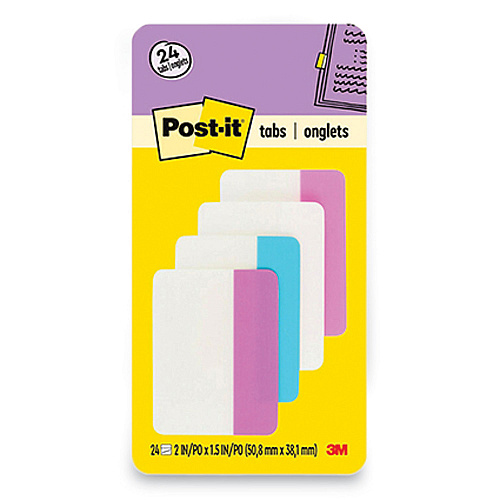Post-it Solid Color Tabs, 1/5-Cut, Assorted Pastel Colors, 2" Wide, 24/Pack (686PWAV)