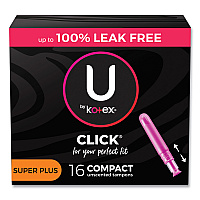 U by Kotex Click Compact Tampons, Super Plus Absorbency, 16/Pack, 8 Packs/Carton (51582)