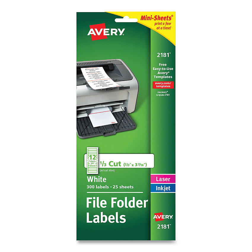 Avery Mini-Sheets Permanent File Folder Labels, 0.66 x 3.44, White, 12/Sheet, 25 Sheets/Pack (2181)