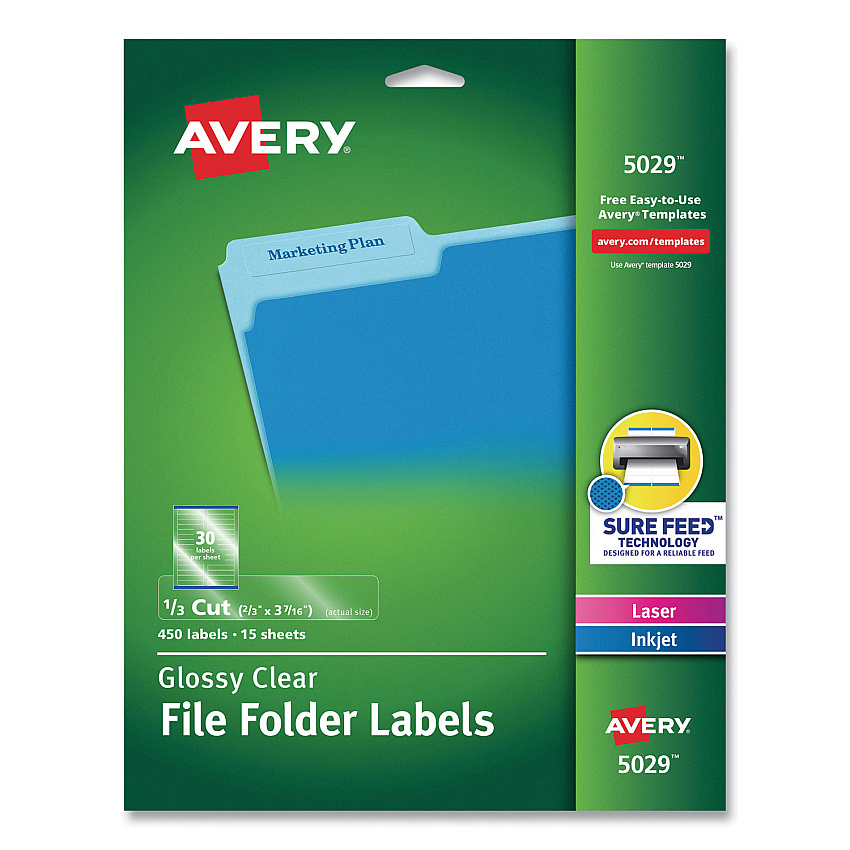 Avery Clear Permanent File Folder Labels with Sure Feed Technology, 0.66 x 3.44, Clear, 30/Sheet, 15 Sheets/Pack (5029)