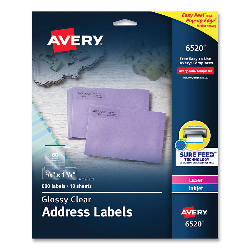 Avery Glossy Clear Easy Peel Mailing Labels w/ Sure Feed Technology, Inkjet/Laser Printers, 0.66 x 1.75, 60/Sheet, 10 Sheets/PK (6520)