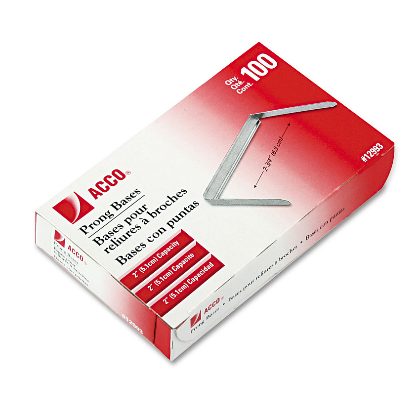 Acco Standard Two-Piece Two-Prong Paper Fastener Bases, 2" Capacity, 2.75" Center to Center, Silver, 100/Box (12993)