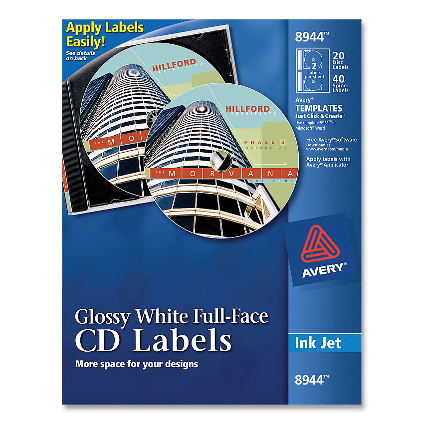 Avery Inkjet Full-Face CD Labels, Glossy White, 20/Pack (8944)