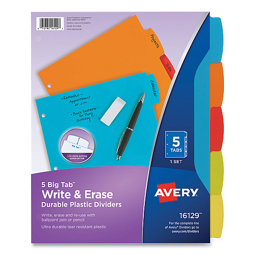 Avery Big Tab Write and Erase Durable Plastic Dividers, 5-Tab, 11 x 8.5, Assorted, 1 Set (16129)
