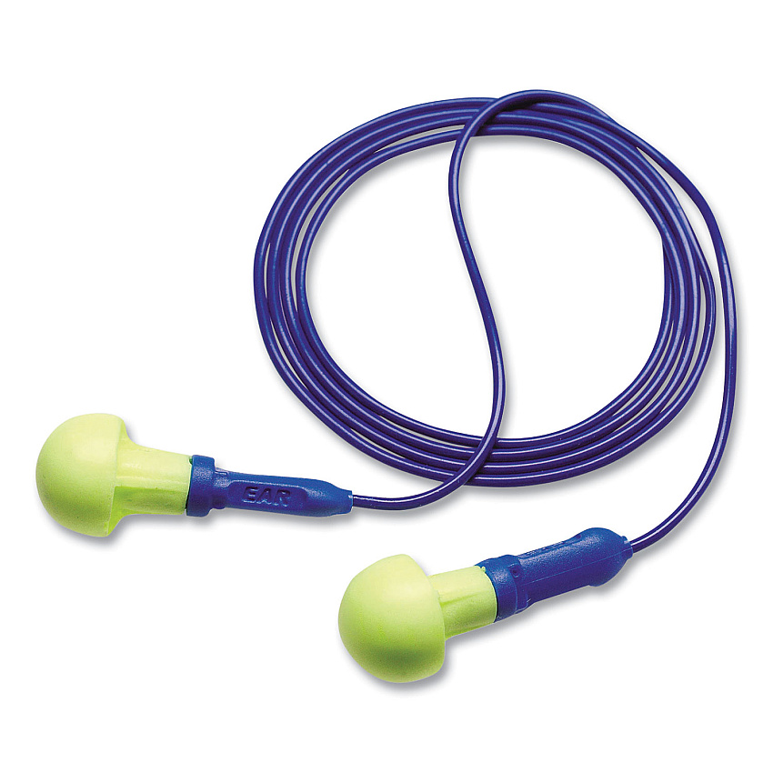 3M E-A-R Push-Ins Single-Use Earplugs, Metal Detectable, Corded, 28 dB NRR, Blue/Yellow, 200 Pairs (3183000)