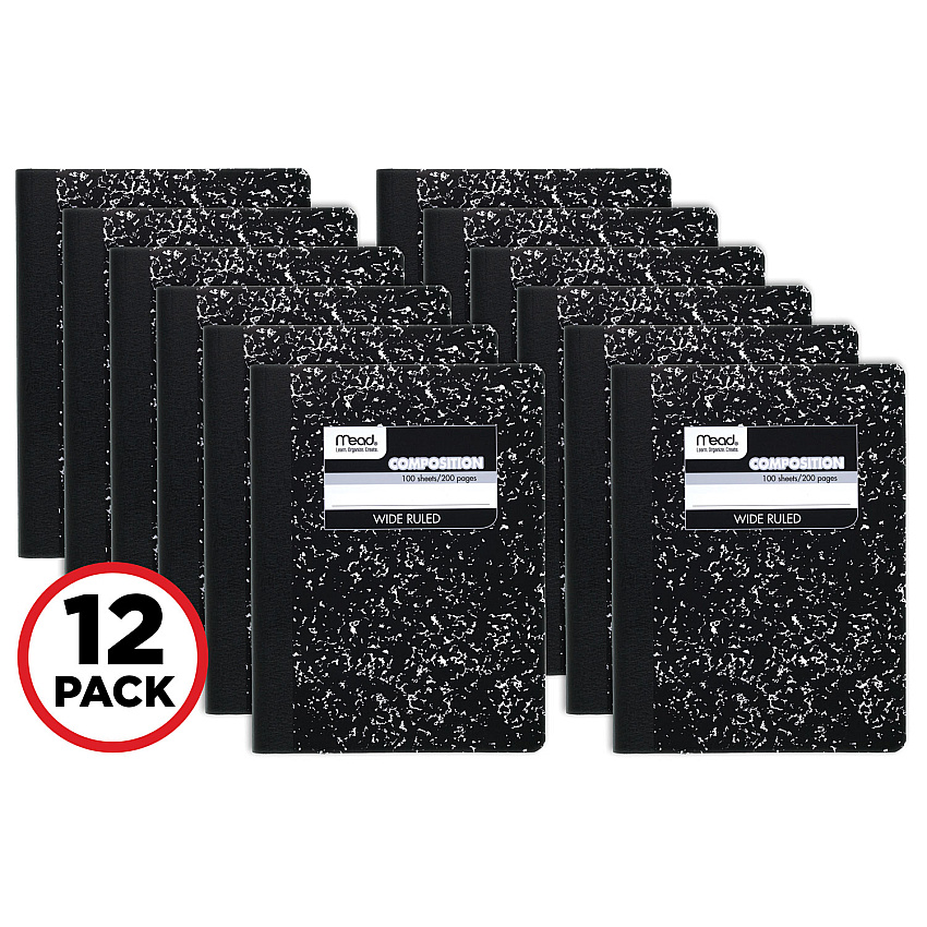 Mead Square Deal Composition Book, 3-Subject, Wide/Legal Rule, Black Cover, (100) 9.75 x 7.5 Sheets, 12/Pack (72936)