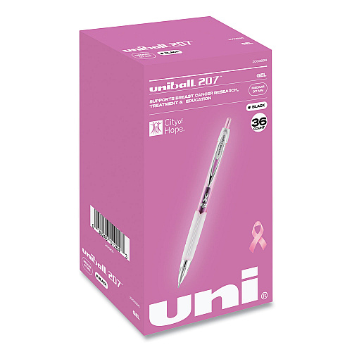 uni-ball 207 Office Pack Gel Pen, Retractable, Medium 0.7 mm, Black Ink, Pink/Translucent White Barrel, 36/Pack (2003896)