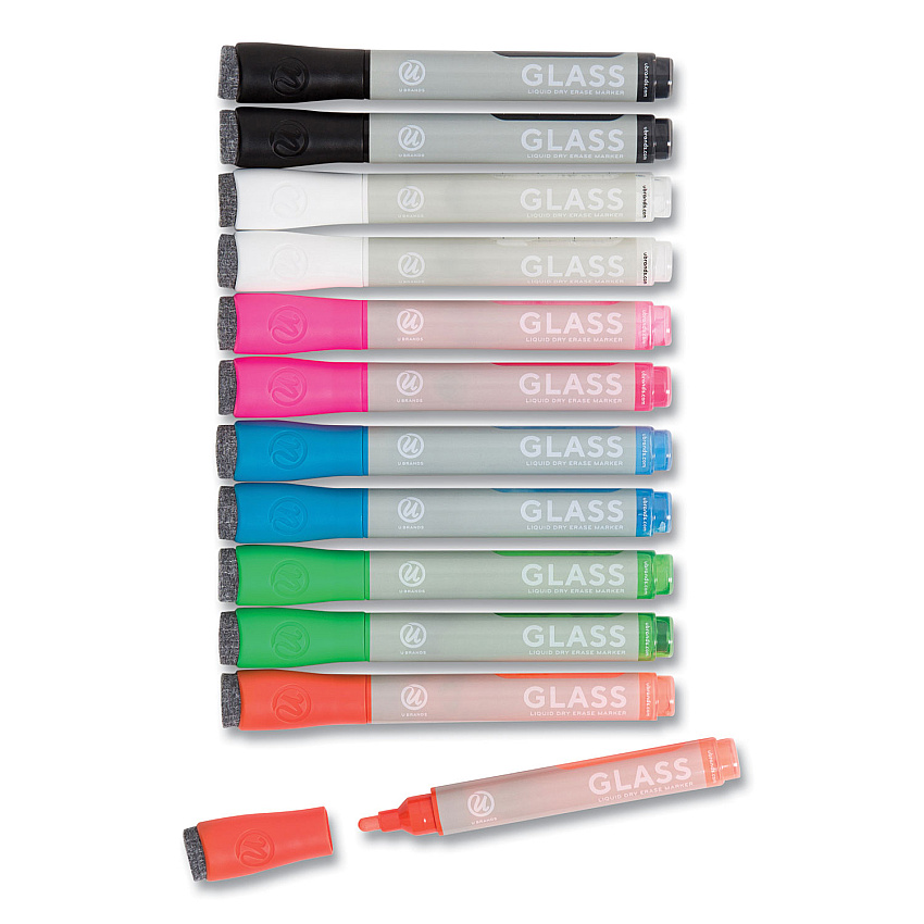 U Brands Bullet Tip Low-Odor Liquid Glass Markers with Erasers, Broad Bullet Tip, Assorted Colors, 12/Pack (2913U0012)