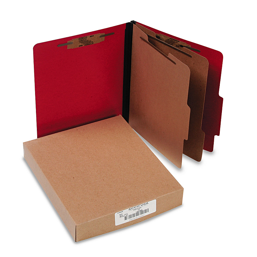 Acco ColorLife PRESSTEX Classification Folders, 3" Expansion, 2 Dividers, 6 Fasteners, Letter Size, Executive Red Exterior, 10/Box (15669)