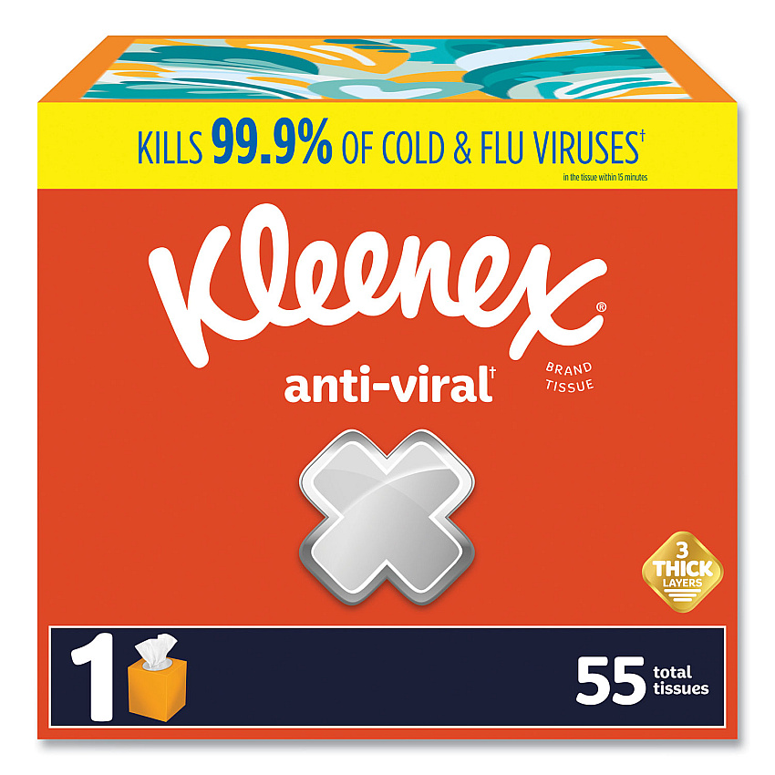 Kleenex&reg; Anti-Viral Facial Tissue, 3-Ply, White, 55 Sheet Box, 27 Boxes (54505CT)