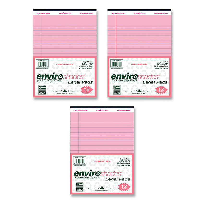 Roaring Spring Enviroshades Legal Notepads, 50 Pink 8.5 x 11.75 Sheets, 72 Notepads/Carton (74150CS)