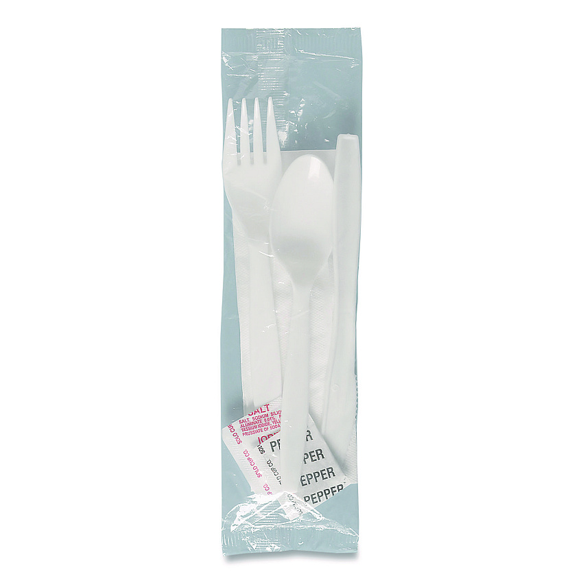 Regal Mediumweight Cutlery Kit, Individually Wrapped, Fork/knife/napkin/spoon/salt/pepper, Plastic, White, 750/carton