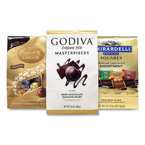 National Brand Lindt Lindor, Godiva, Ghiradelli Premium Chocolate Variety, 44.37 oz Bag, 3/Carton (60000730)