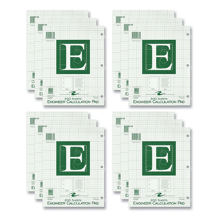 Roaring Spring Engineer Pad, (0.5" Margins), Quad Rule (5 sq/in, 1 sq/in), 200 Light Green 8.5 x 11 Sheets/Pad, 12/Carton (95389CS)