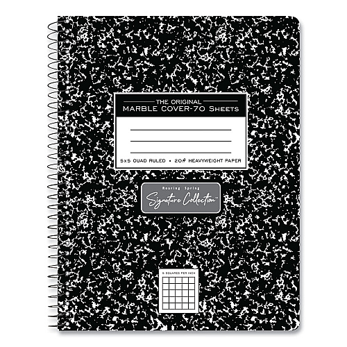 Roaring Spring Spring Signature Composition Book, Quad 5 sq/in Rule, Black Marble Cover, (70) 9.75 x 7.5 Sheets, 24/Carton (10113CS)