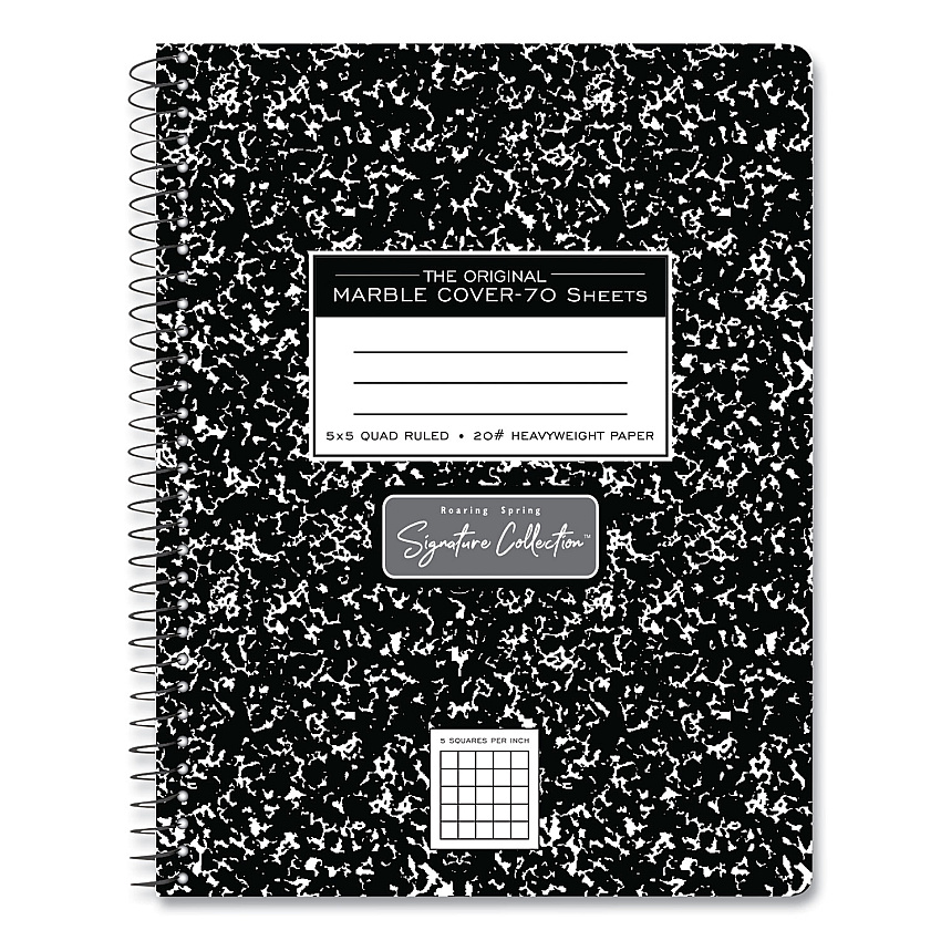Roaring Spring Spring Signature Composition Book, Quad 5 sq/in Rule, Black Marble Cover, (70) 9.75 x 7.5 Sheets, 24/Carton (10113CS)
