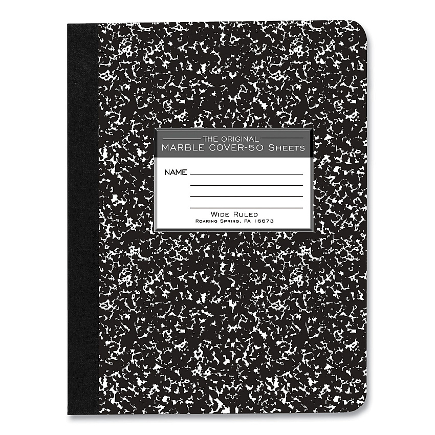Roaring Spring Hardcover Marble Composition Book, Wide/Legal Rule, Black Marble Cover, (50) 9.75 x 7.5 Sheets, 48/Carton (77220CS)