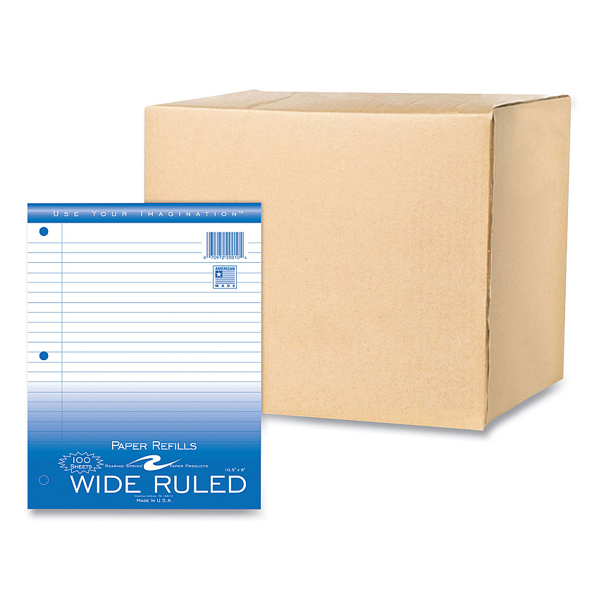 Roaring Spring Loose Leaf Paper, 8 x 10.5, 3-Hole Punched, Wide Rule, White, 100 Sheets/Pack, 48 Packs/Carton (20010CS)
