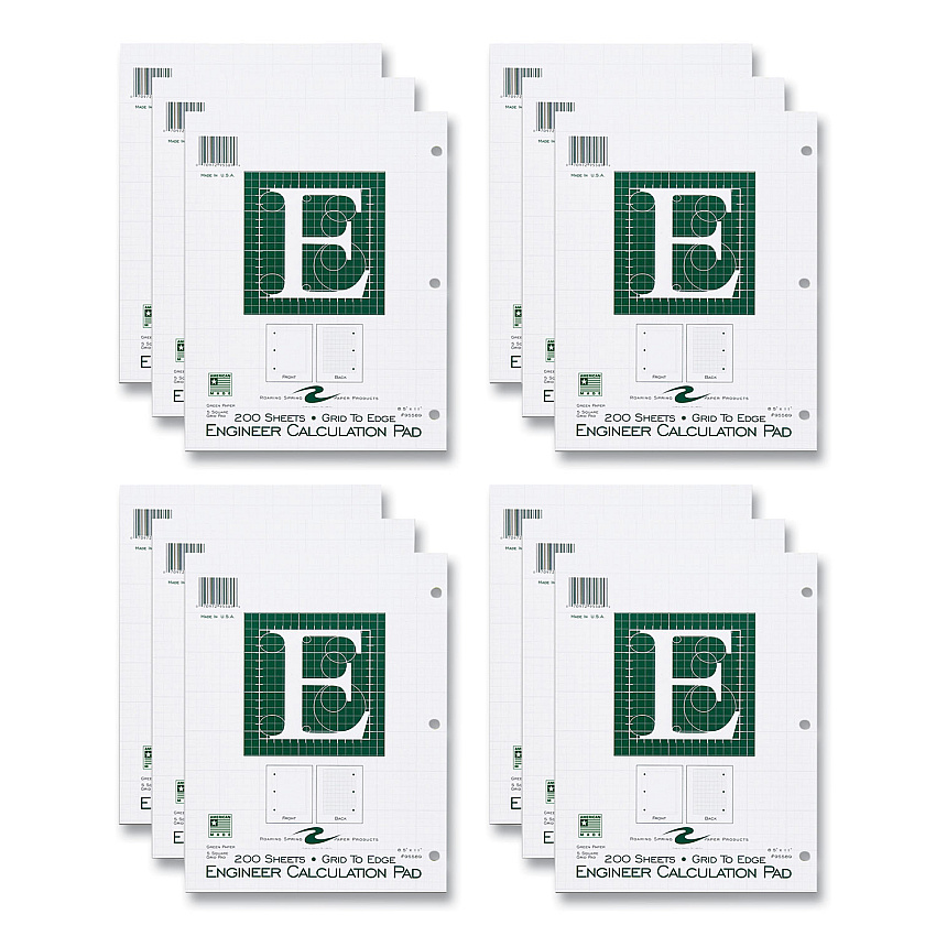 Roaring Spring Engineer Pad, (1.25" Margin), Quad Rule (5 sq/in, 1 sq/in), 200 Light Green 8.5 x 11 Sheets/Pad, 12/Carton (95589CS)