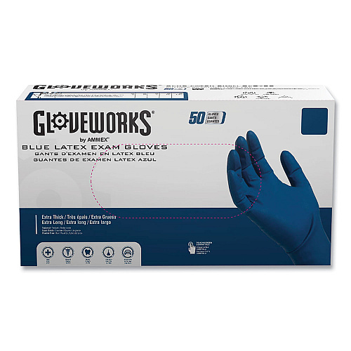 GloveWorks by AMMEX Latex Exam Gloves, Powder-Free, Medium, Blue, 50 Gloves/Box, 10 Boxes/Carton (GPLHD84100)