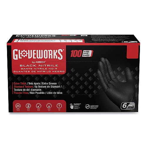GloveWorks by AMMEX Heavy-Duty Industrial Nitrile Gloves, Powder-Free, 6 mil, Medium, Black, 100 Gloves/Box, 10 Boxes/Carton (GWBN44100)